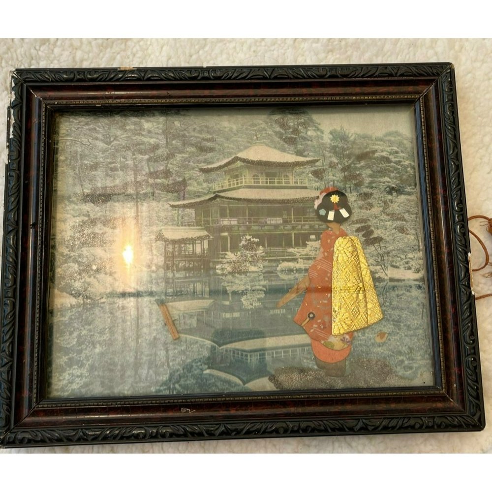 3D Wall Art Japanese Geisha Woman Rough Frame Wood Back SEE PICS‎ & Description